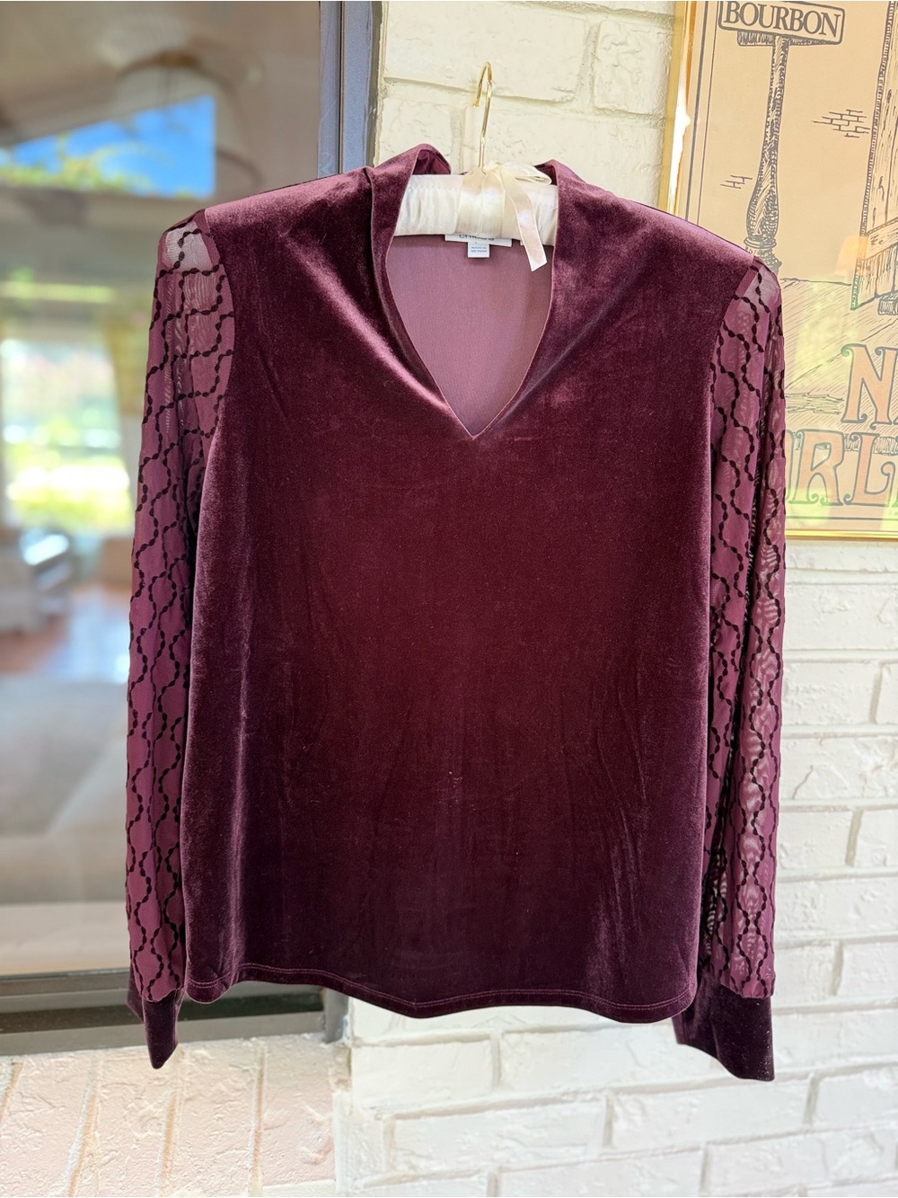Chico’s Velvet Burnout V-Neck Top Sheer Patterned Long Sleeve Burgundy 1 M